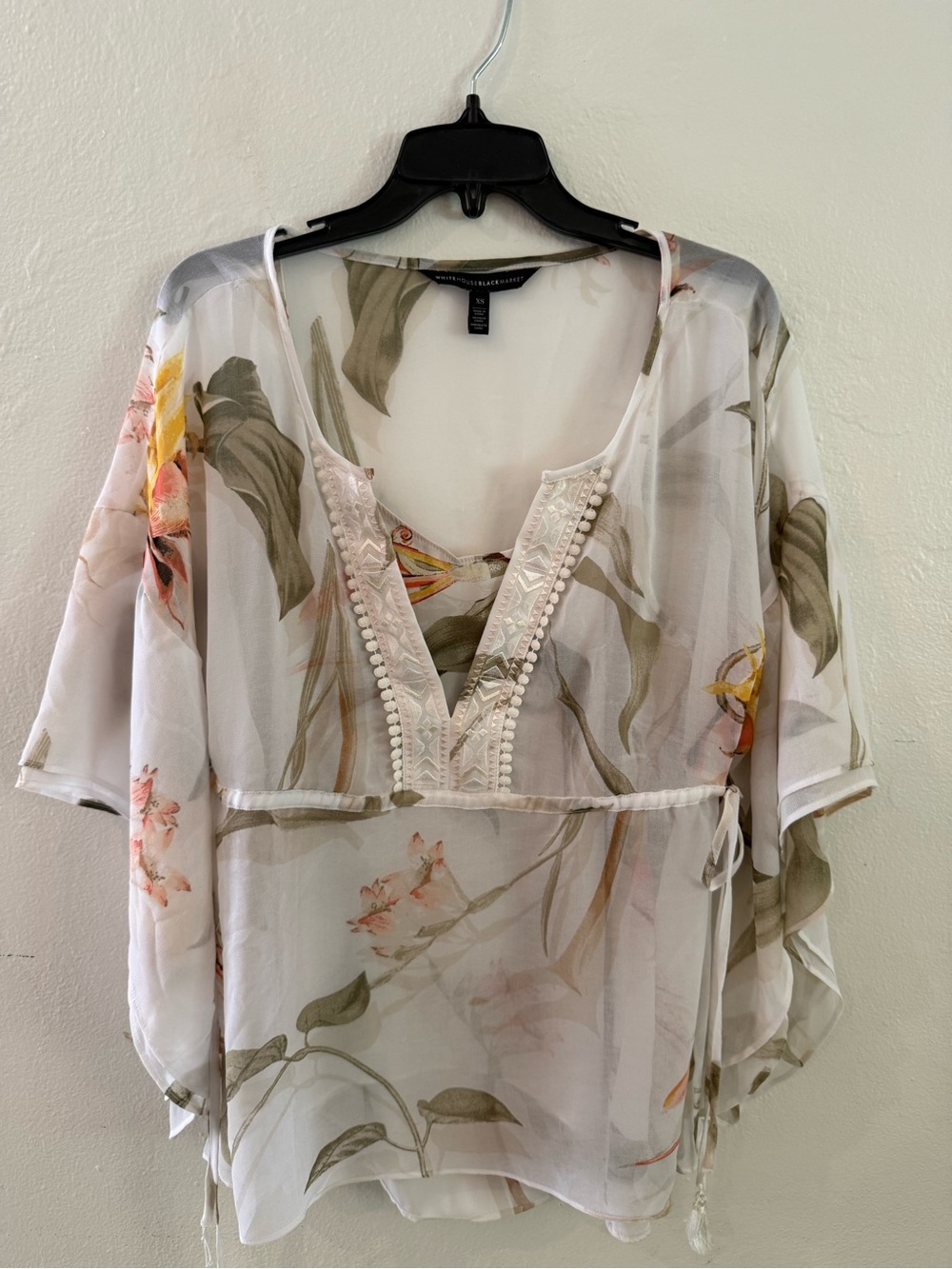 White House Black Market Floral Embroidered V-Neck Sheer Blouse with Cami